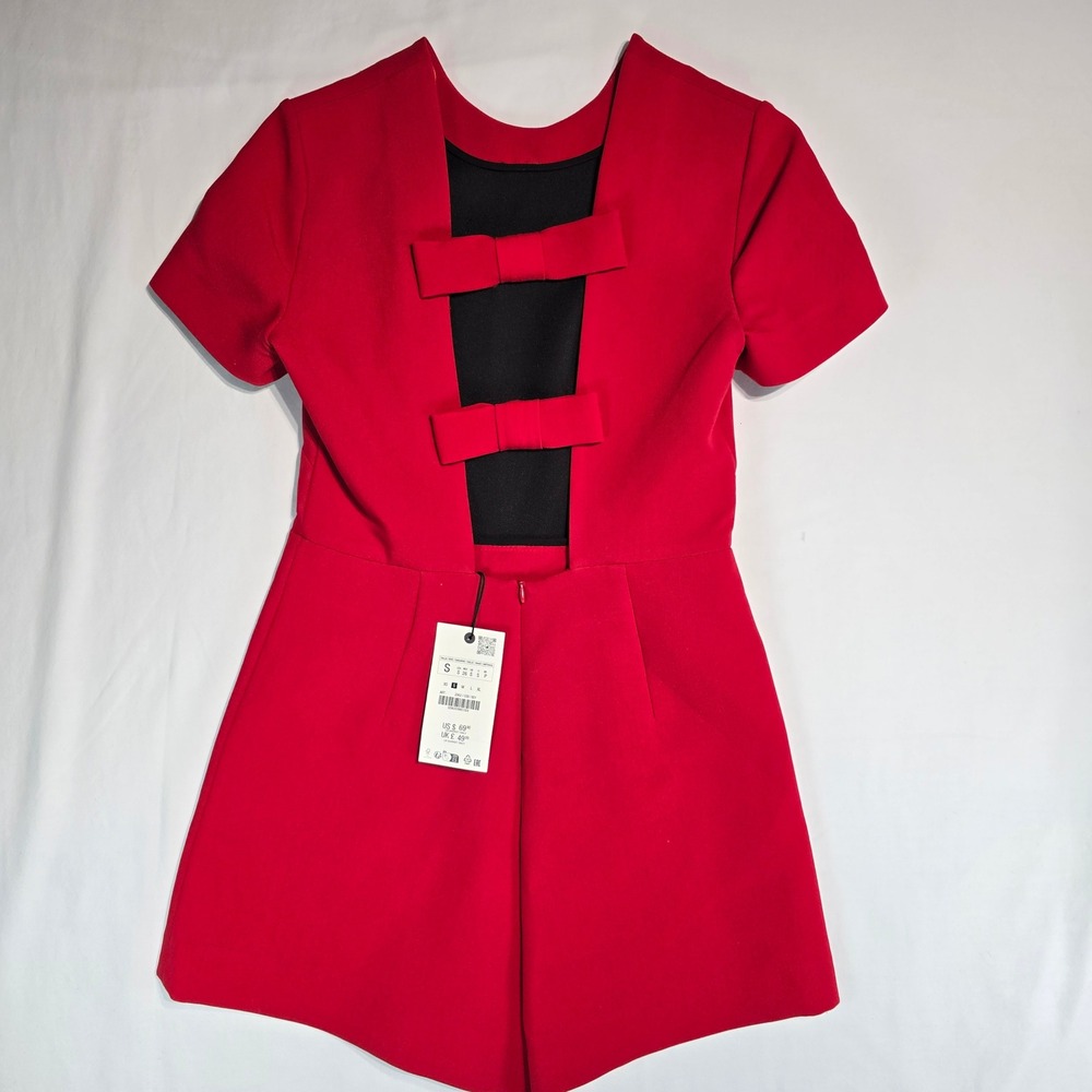 Zara Red Open Back Bow Romper Short Sleeve Party Jumpsuit 2962/039/601 Small